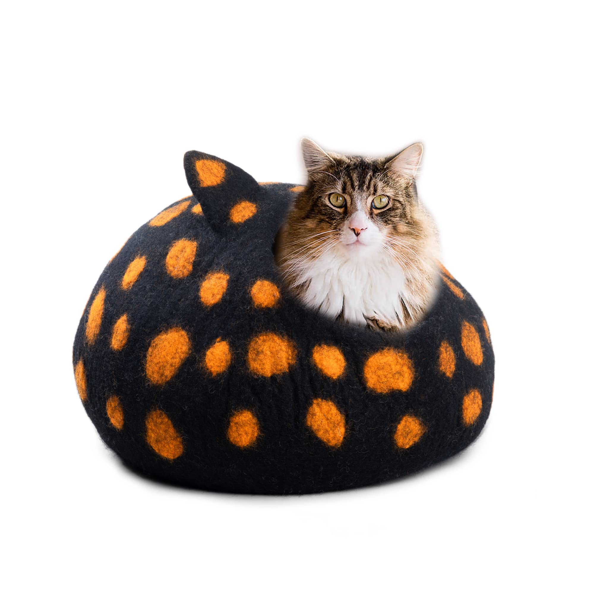 Woolygon Wool Cat Cave Bed - Handcrafted 100% Merino Wool, Eco-Friendly Felt Cat Cave For Indoor Cats And Kittens (Black Polka)